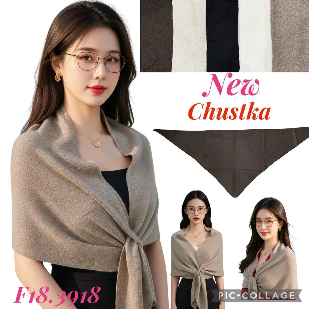 Chusta damska trójkątna beżowa miękka dzianina