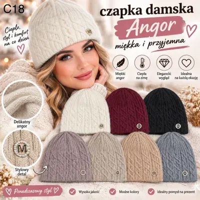 Czapka damska Angora miękka beżowa z ozdobnym detalem