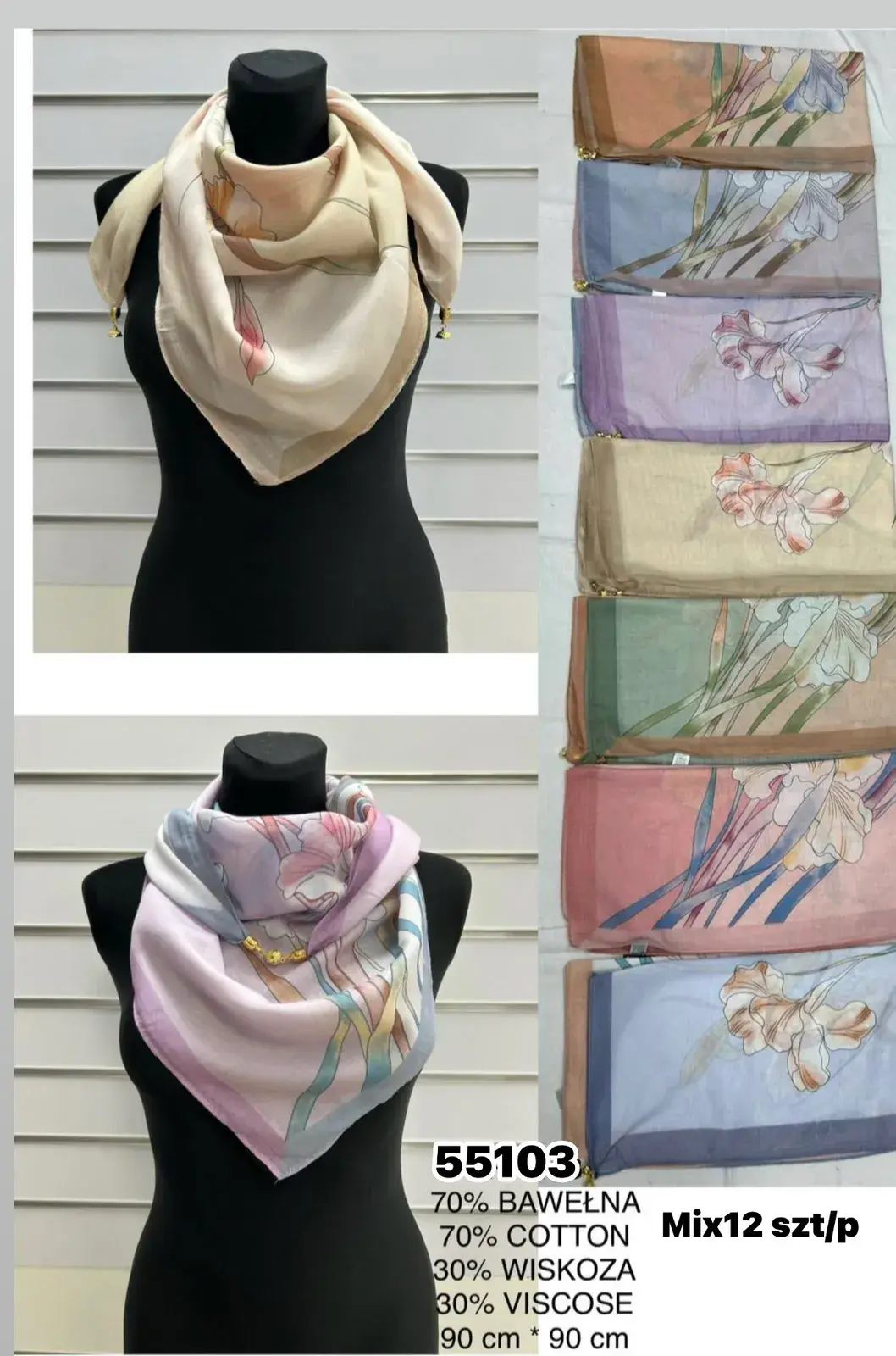 Chusta damska 90x90 cm 70% bawełna 30% wiskoza mix kolorów