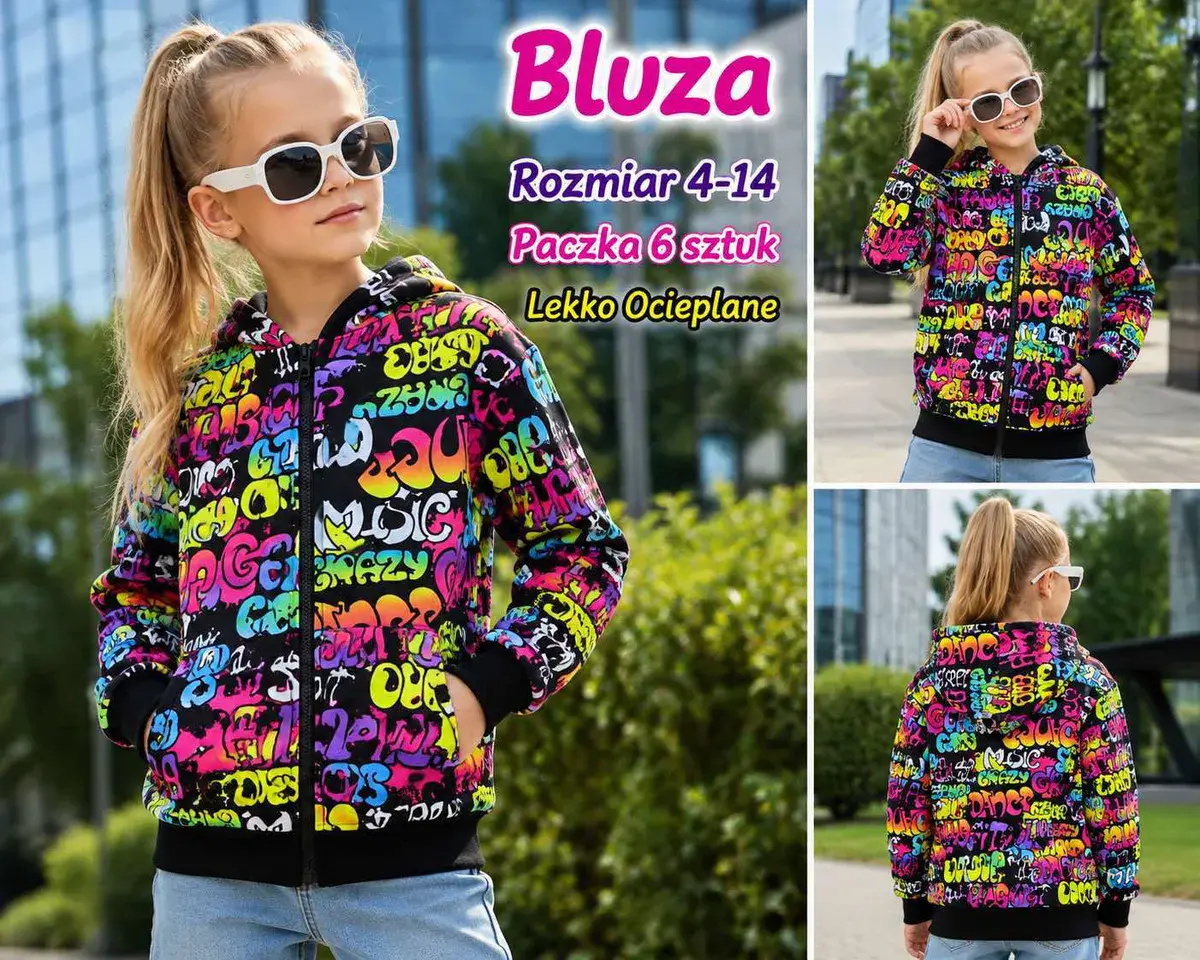 Bluza dziecięca kolorowa z nadrukiem, lekko ocieplana, rozmiar 4-14