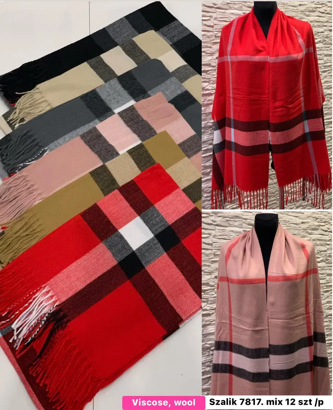 Szaliki damskie w kratę viscose wool mix 187x72 cm