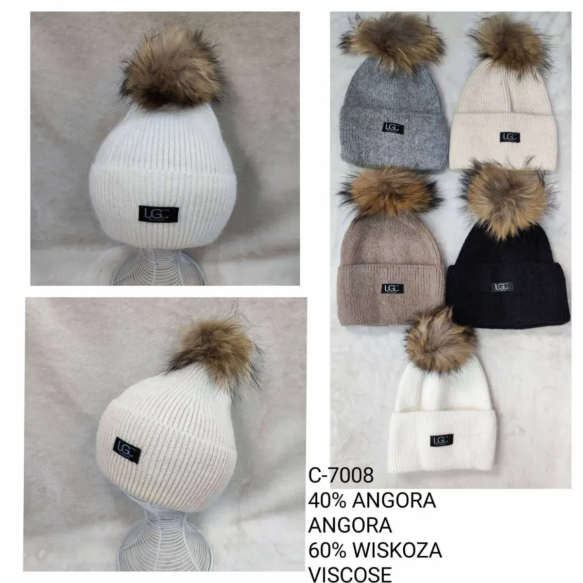 Czapka zimowa damska z pomponem z futra naturalnego mix kolorów