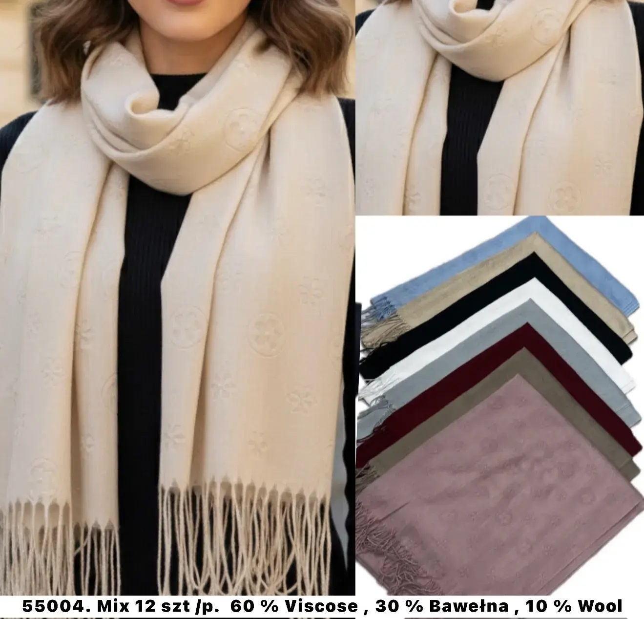 Szaliki damskie wzorzyste 55x180 cm viscose bawełna wełna