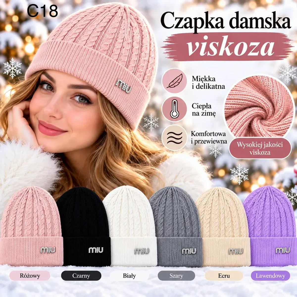 Czapka damska z wysokiej jakości wiskozy w sześciu kolorach