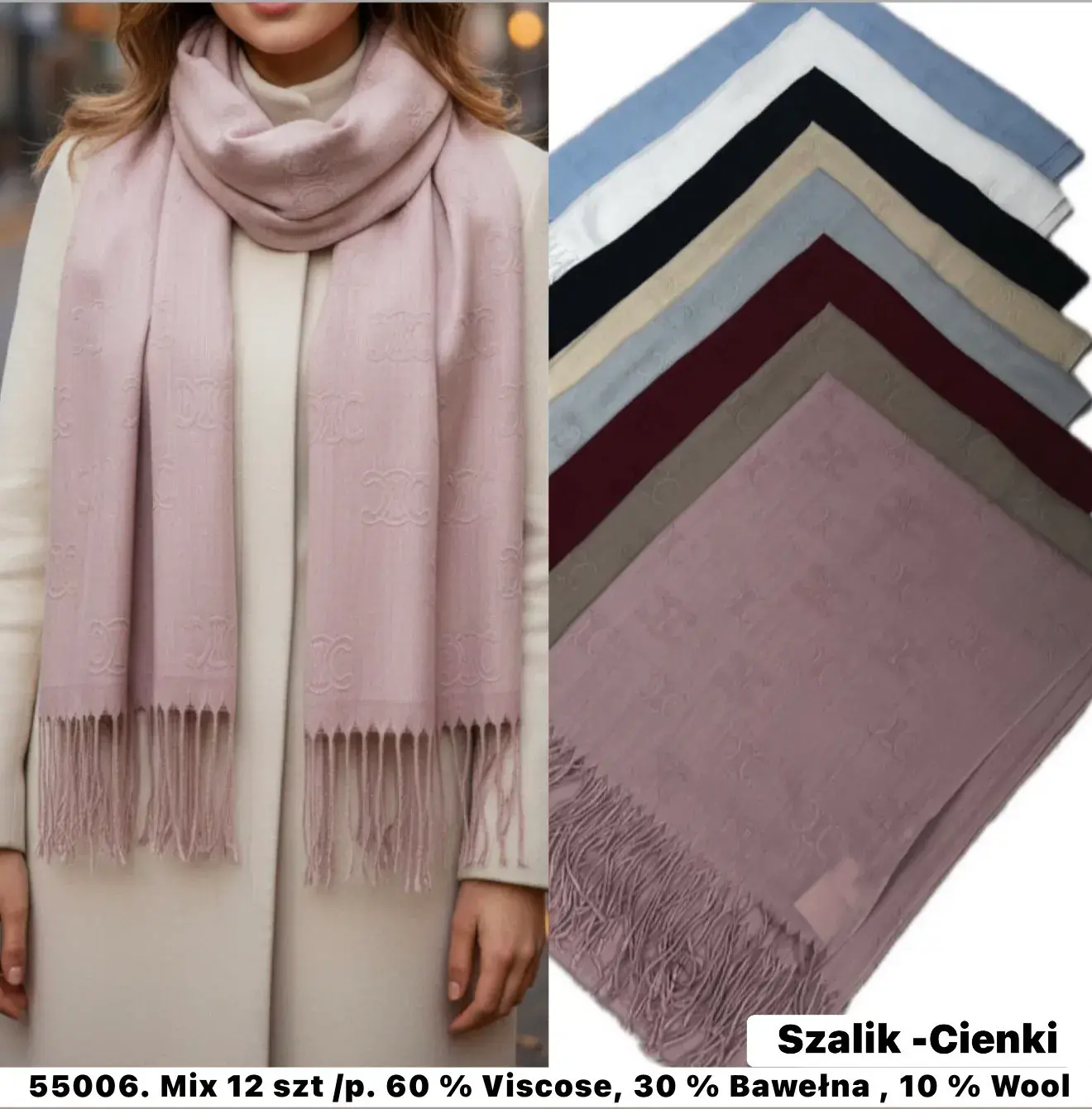 Szaliki damskie 50x120 cm, 6 kolorów, 12 szt/opak.