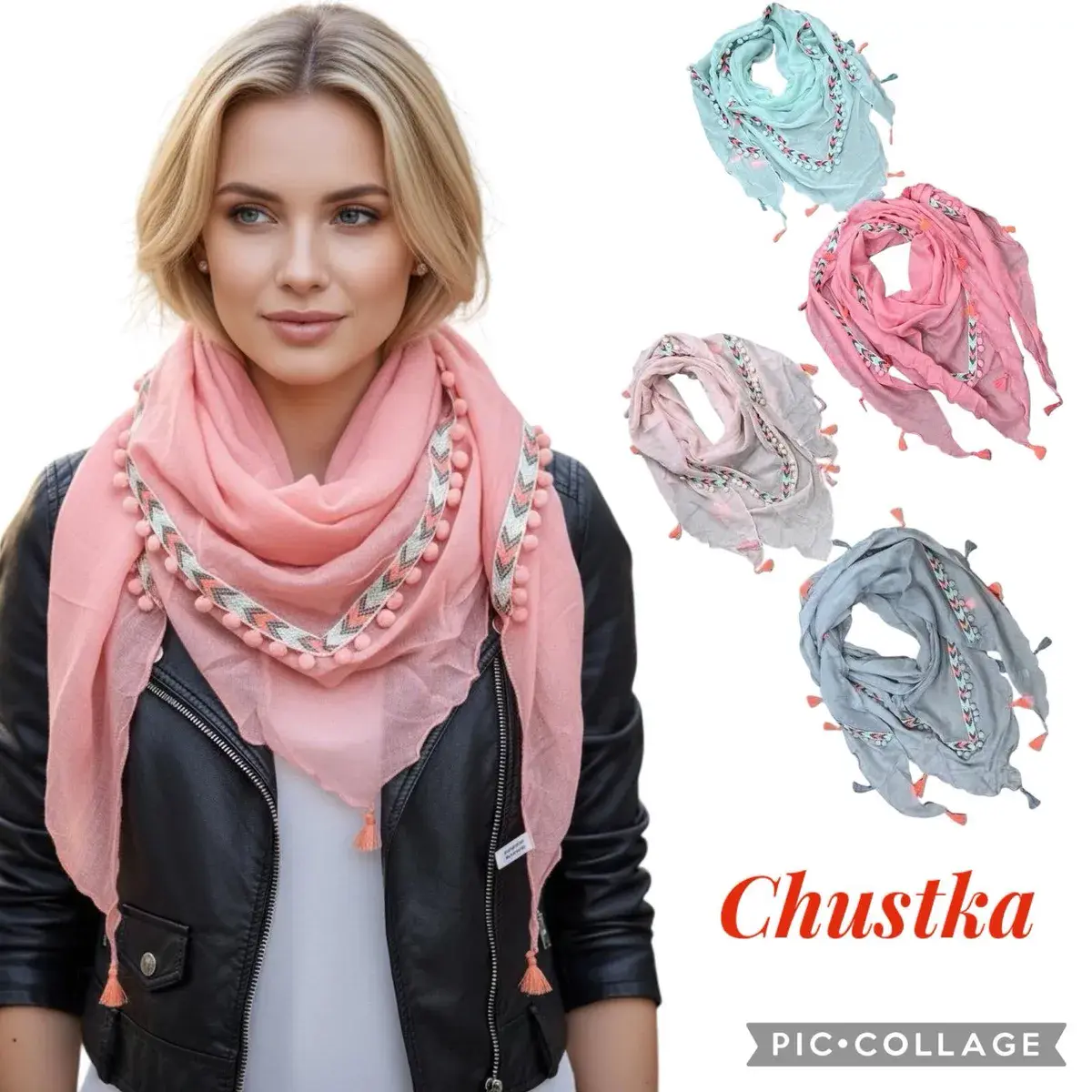 Chustka damska pastelowa z ozdobnymi pomponami i haftem