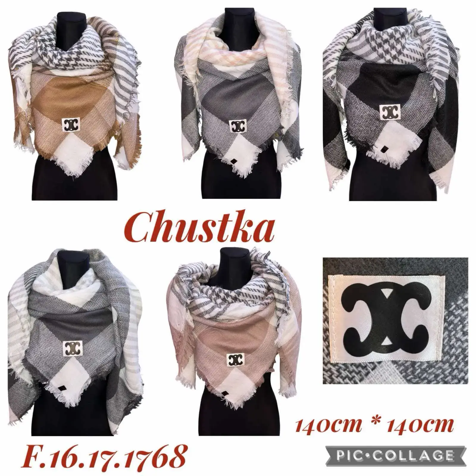 Chustki damskie w kratę 140x140cm 12 szt/opak.