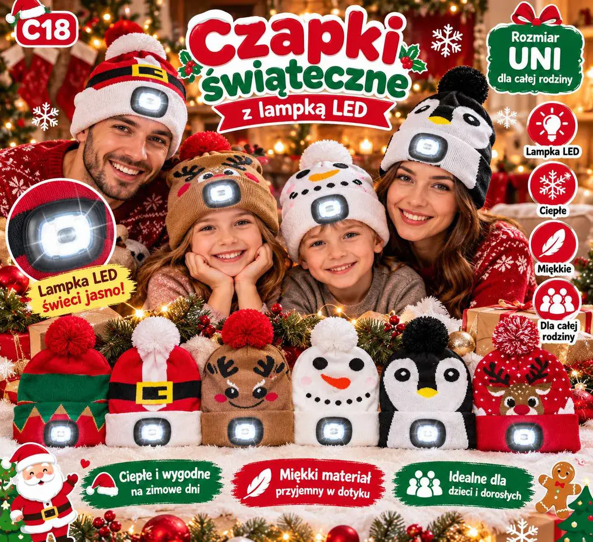 Czapki świąteczne z lampką LED uniwersalne dla całej rodziny