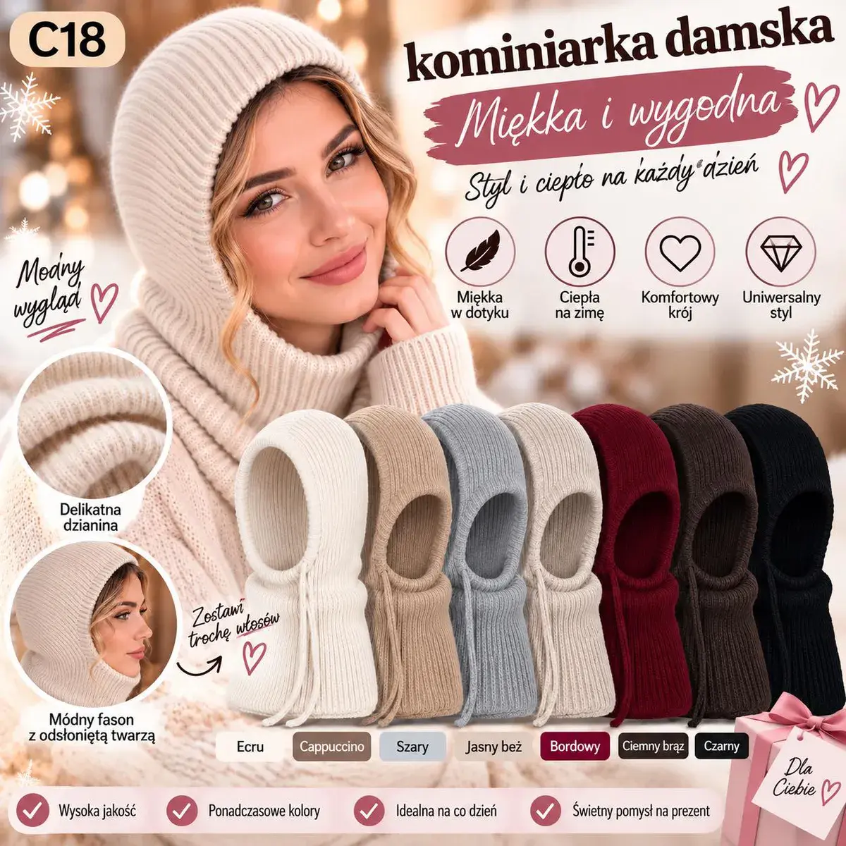 Kominarka damska miękka dzianina modny fason 7 kolorów