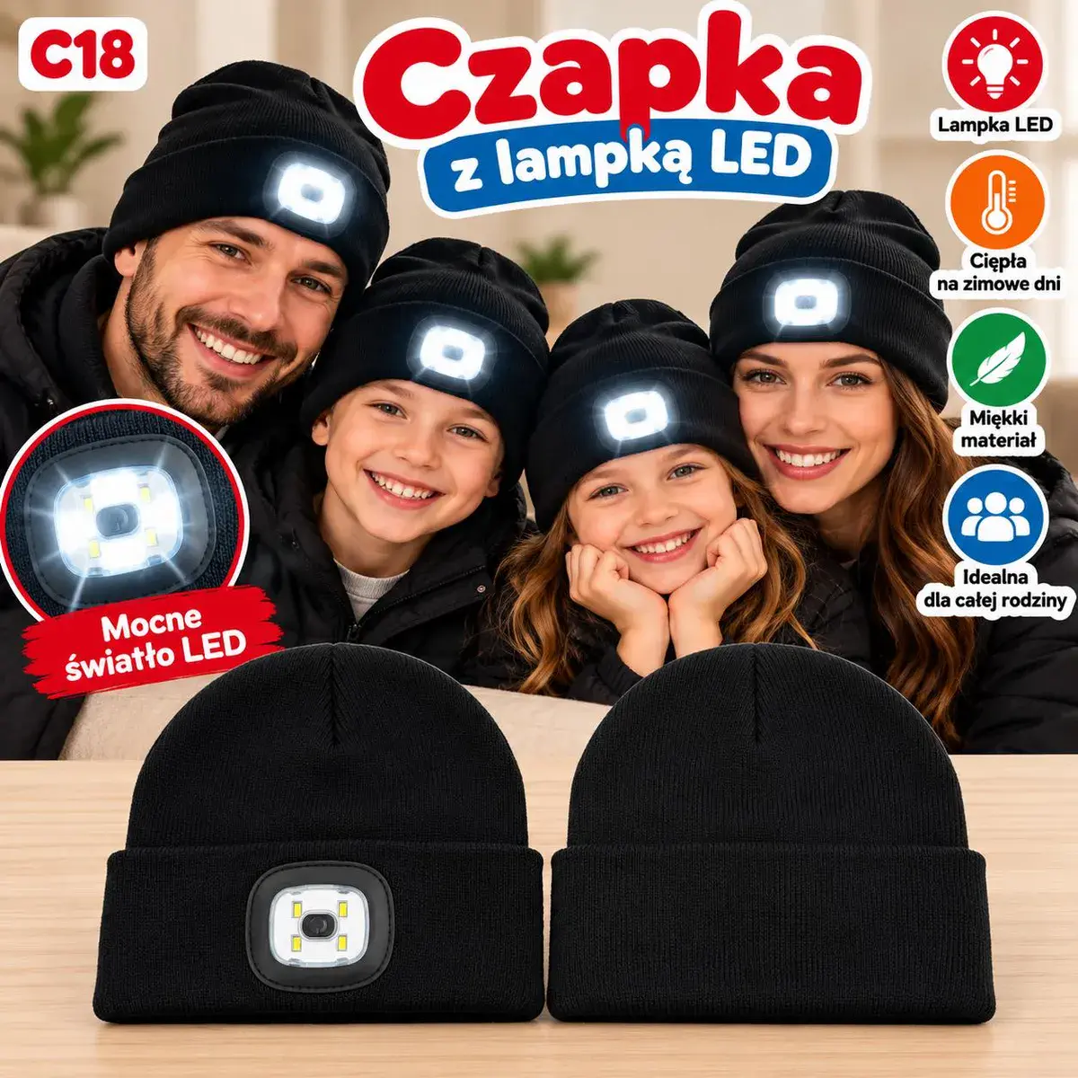Czapka z lampką LED czarna miękka na zimę uniwersalna