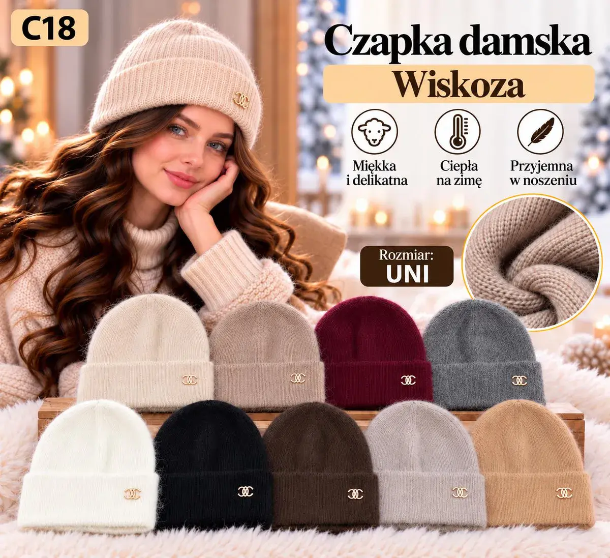Czapka damska z wiskozy miękka i ciepła uniwersalna