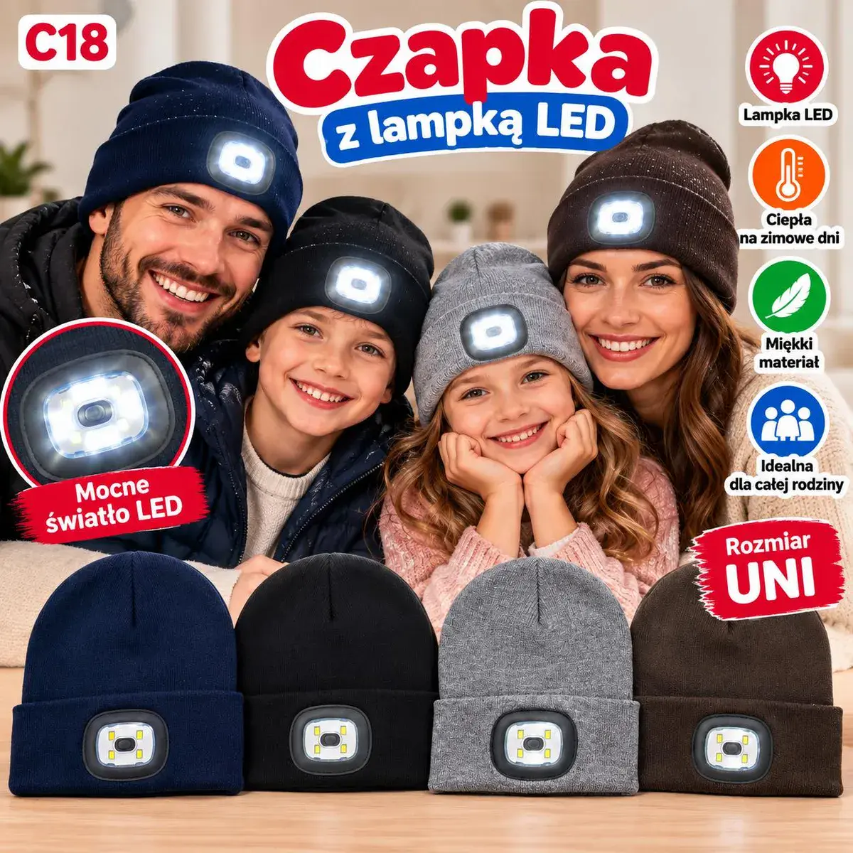 Czapka z lampką LED uniwersalna miękka na zimę czarna szara granatowa