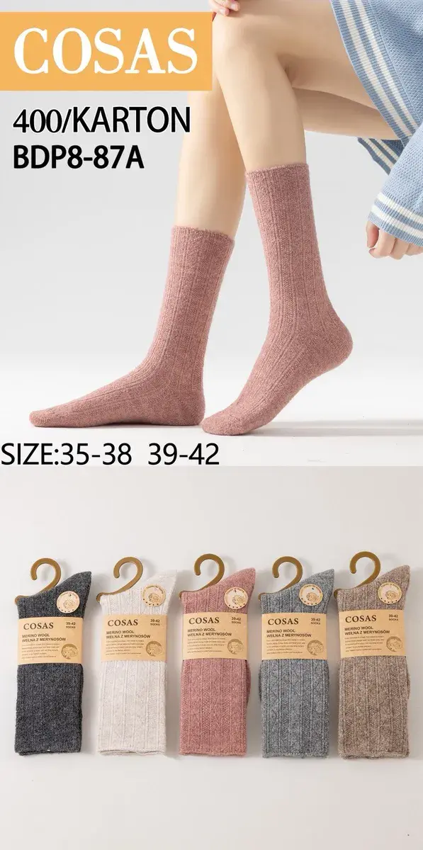COSAS Skarpety damskie wełna merino różowe i inne kolory 35-42