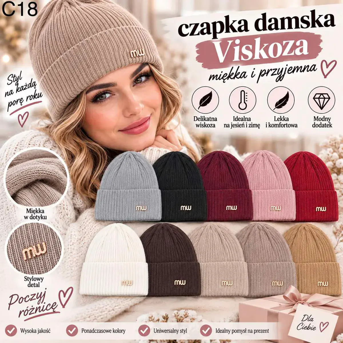 Czapka damska Viskoza miękka modny detal uniwersalna