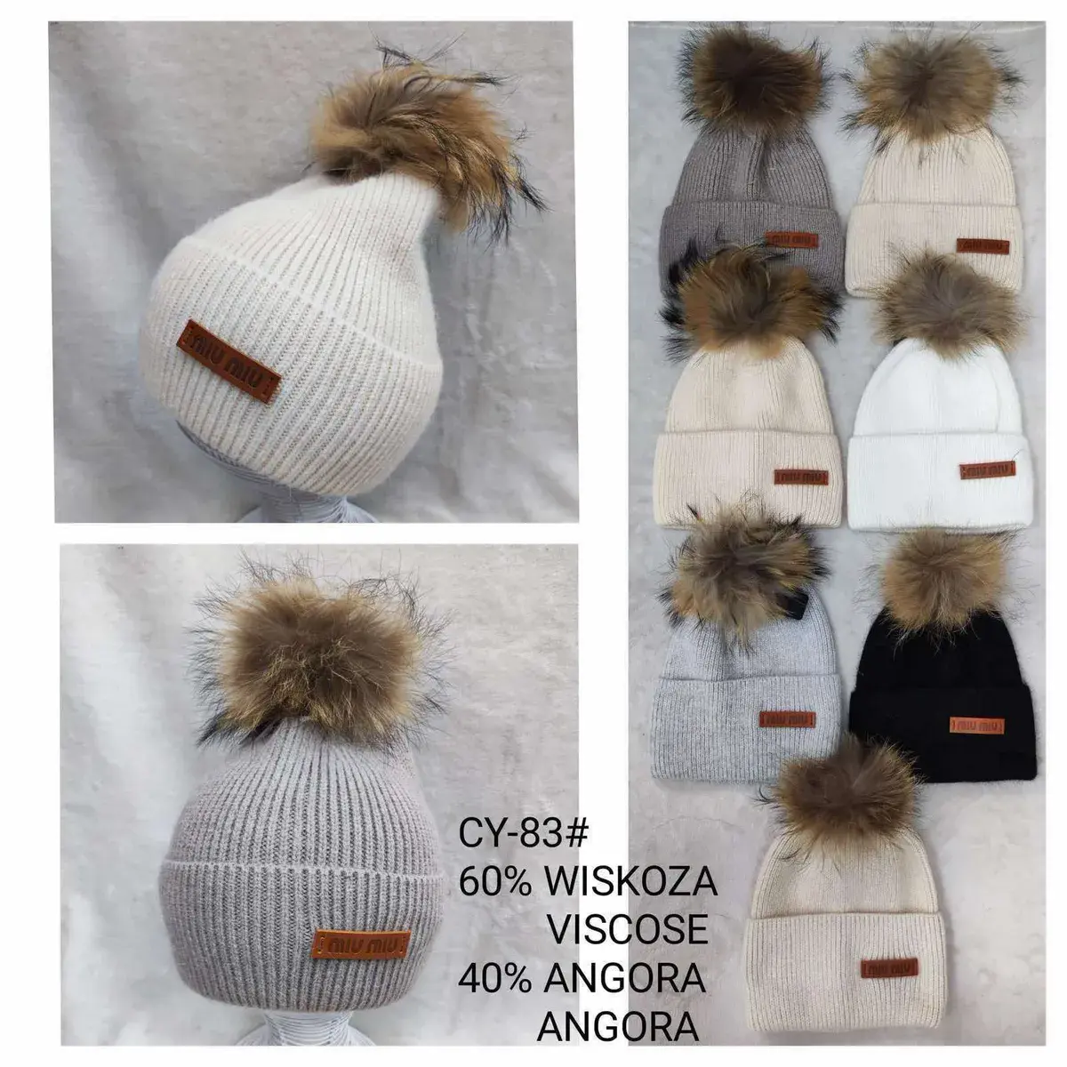 Czapka damska zimowa z pomponem z futra naturalnego, 60% wiskoza 40% angora