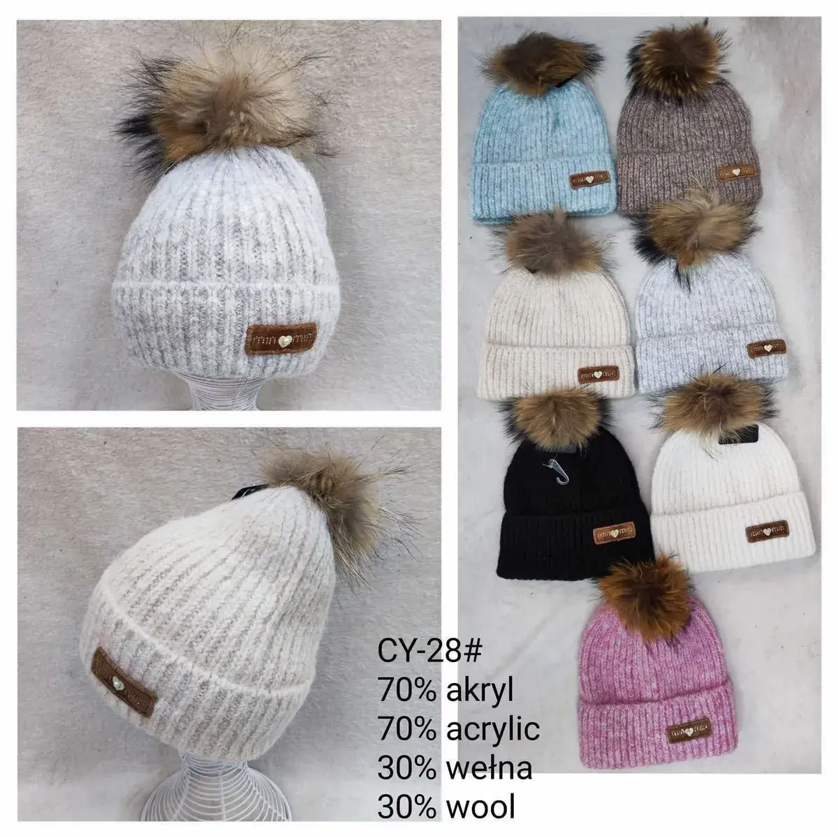 Czapka zimowa damska z pomponem 70% akryl 30% wełna