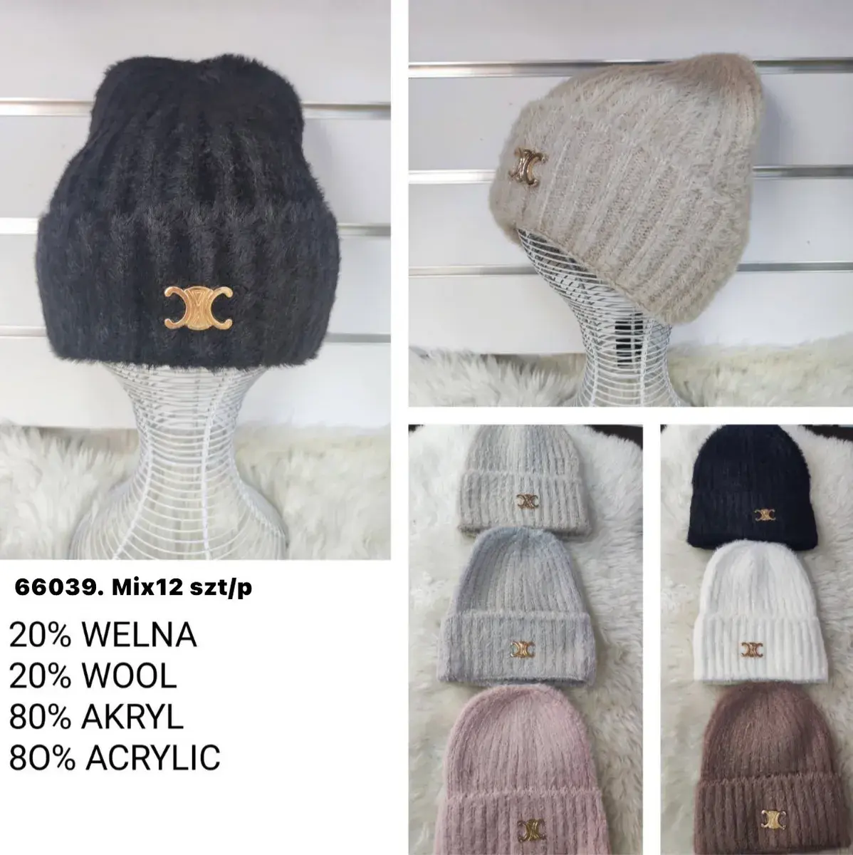 Czapka damska zimowa z wełną i akrylem mix kolorów z ozdobą
