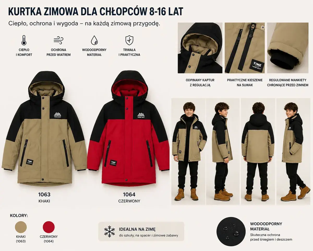 Kurtka zimowa chłopięca 8-16 lat wodoodporna khaki/czerwona