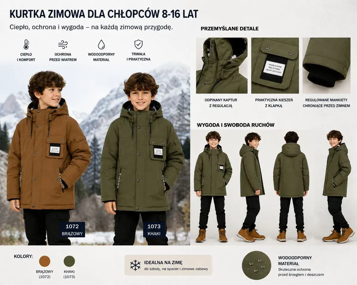 Kurtka zimowa chłopięca khaki z odpinanym kapturem 8-16 lat