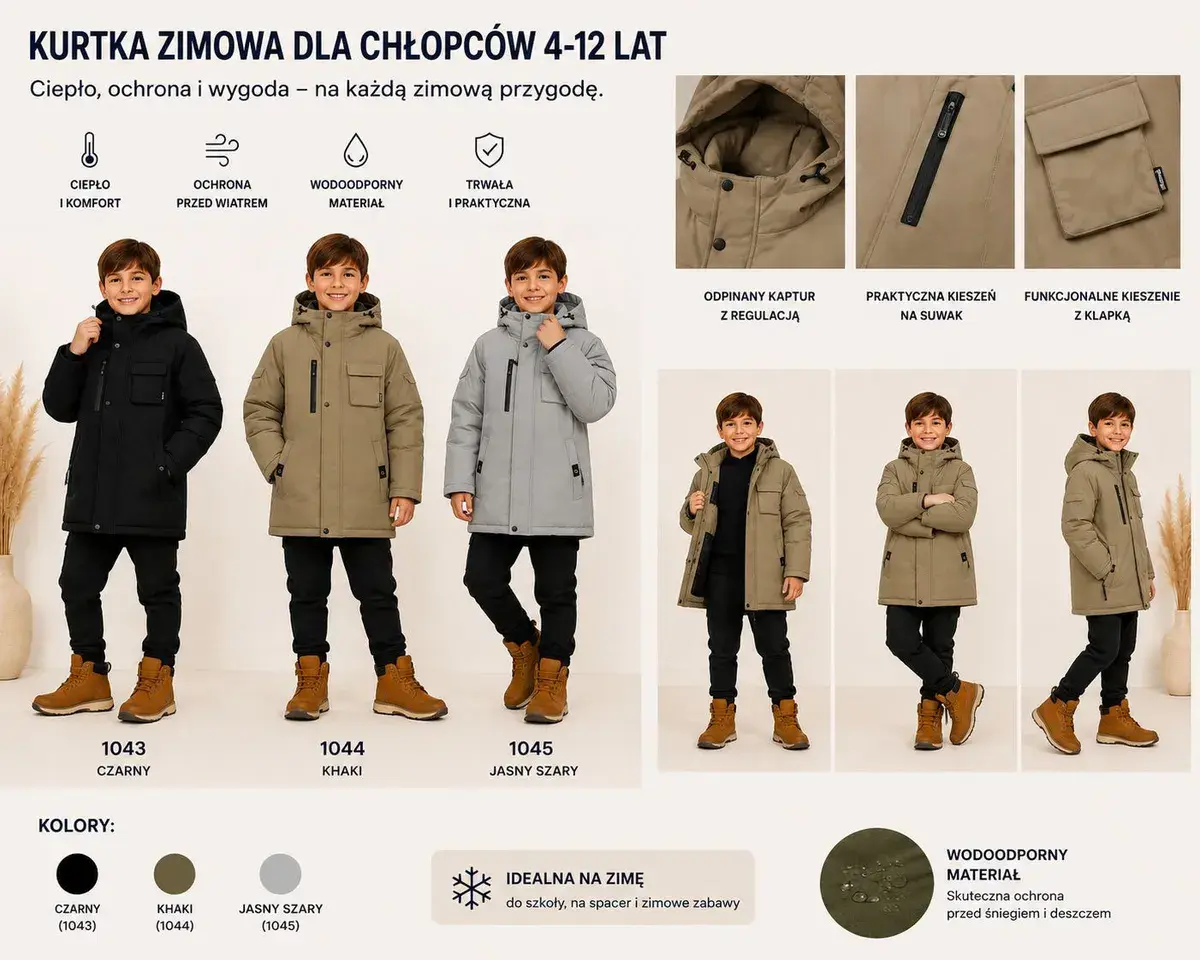 Kurtka zimowa chłopięca 4-12 lat wodoodporna khaki, czarna, szara