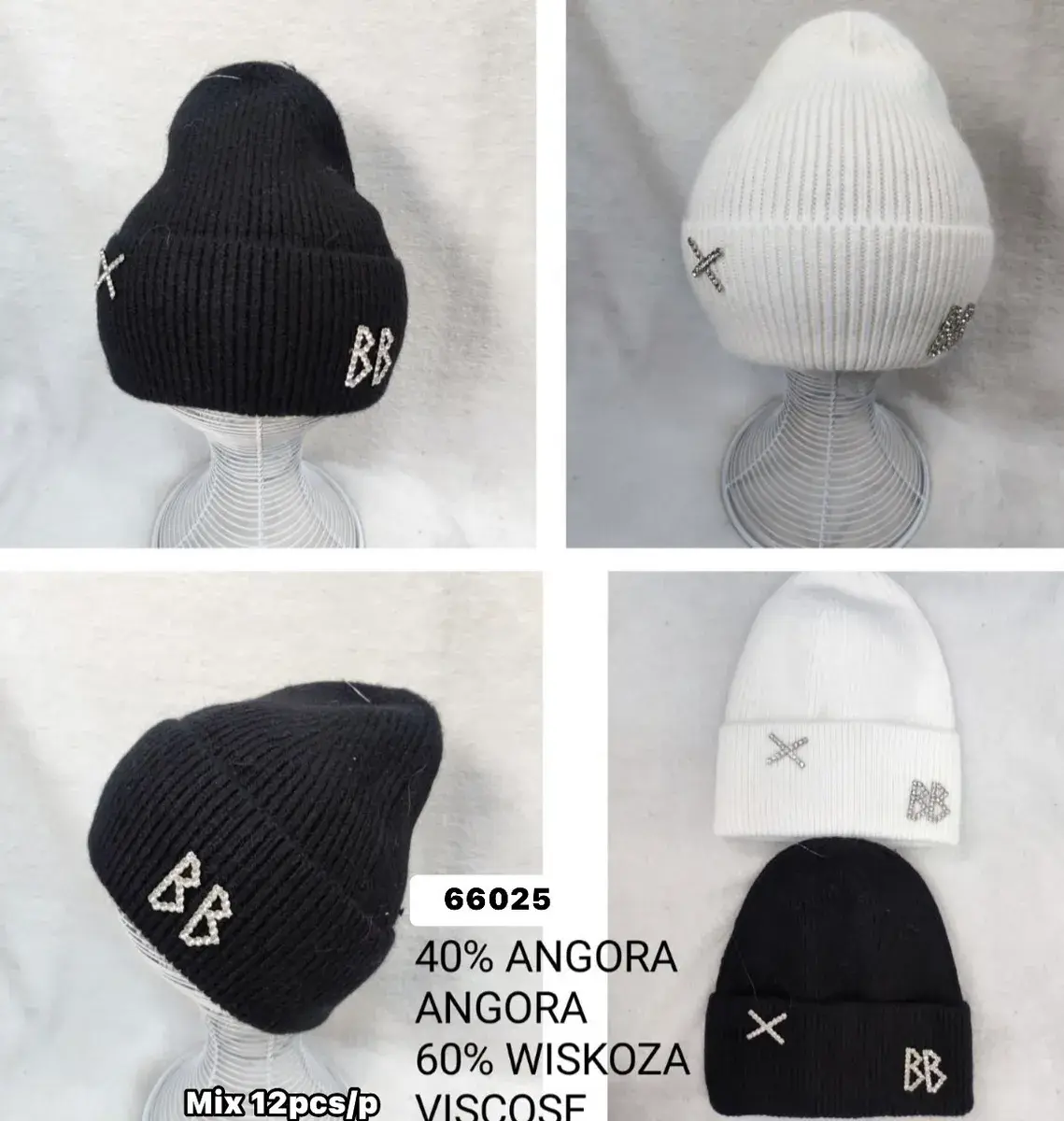 Czapka zimowa damska czarna i biała z ozdobami BB angora-wiskoza