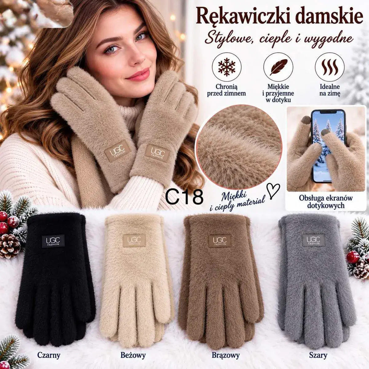 Rękawiczki damskie miękkie ciepłe na zimę UGC Fashion