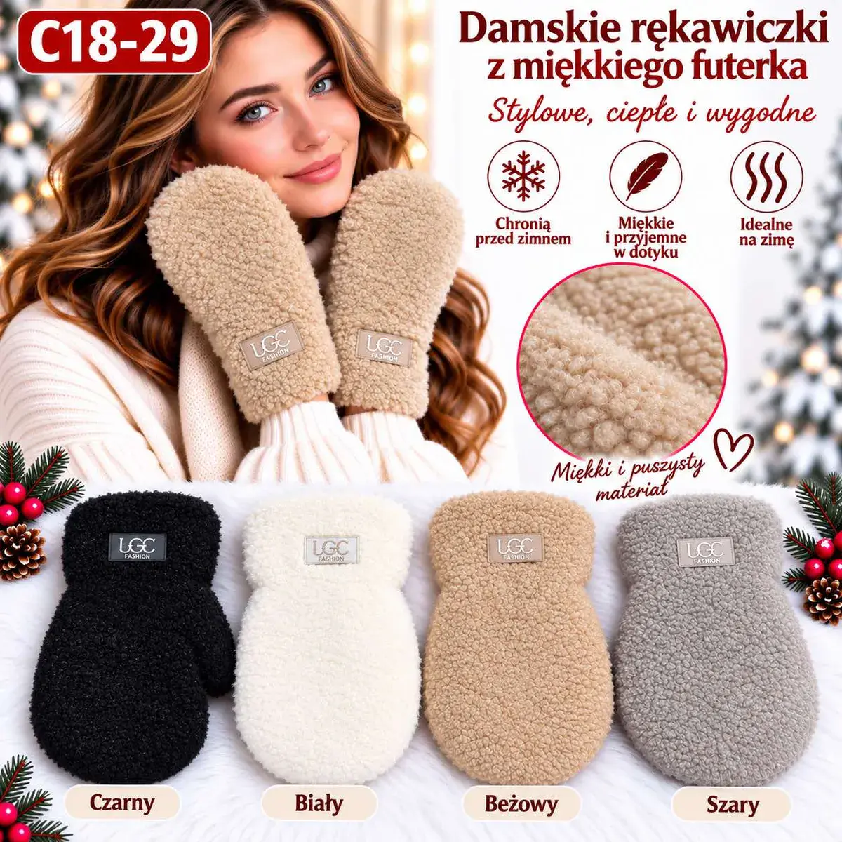Damskie rękawiczki z miękkiego futerka beżowe, czarne, białe, szare
