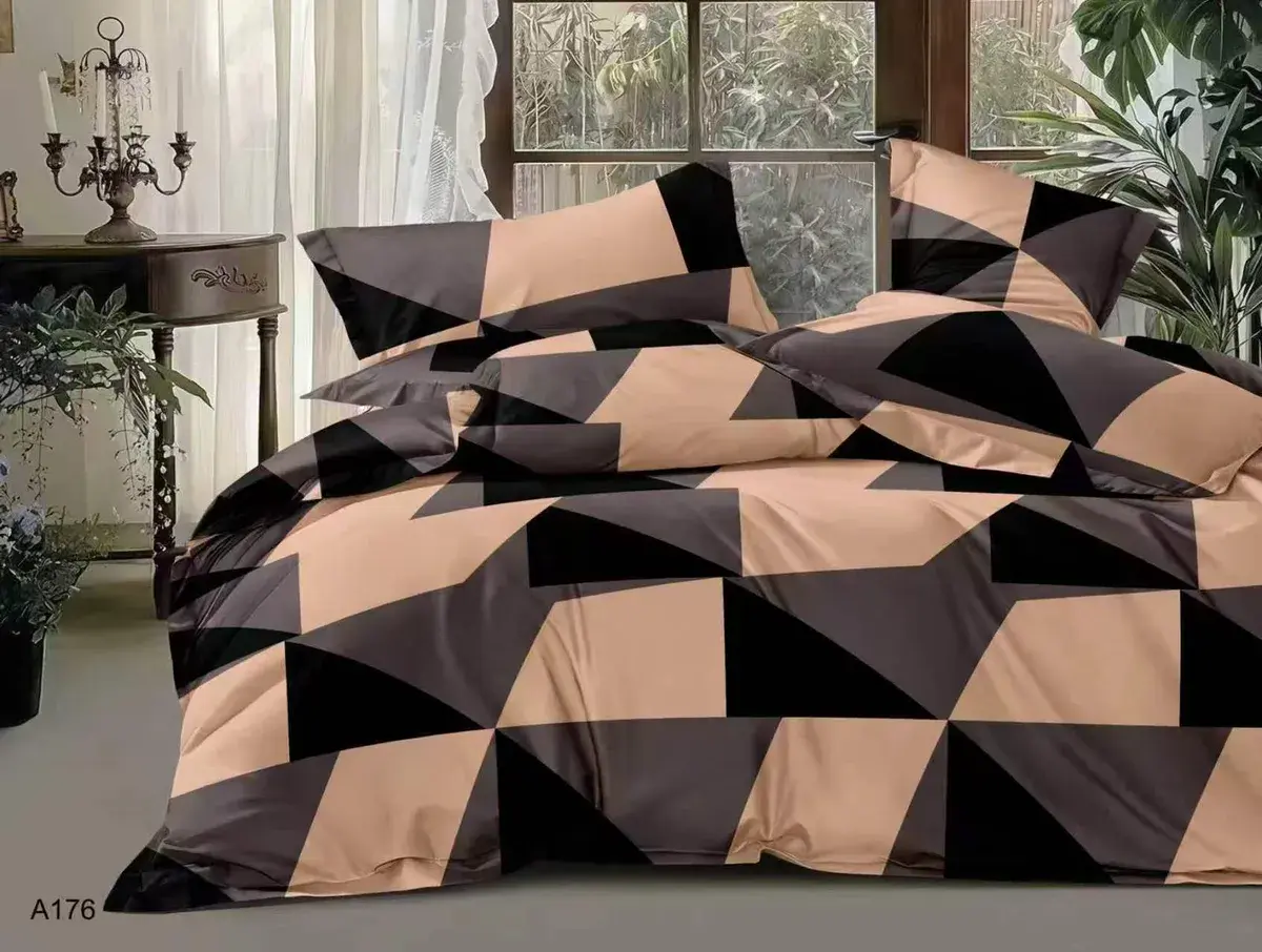 Komplet pościeli 3D geometryczny wzór 200x220 satyna bawełniana beżowo-czarny