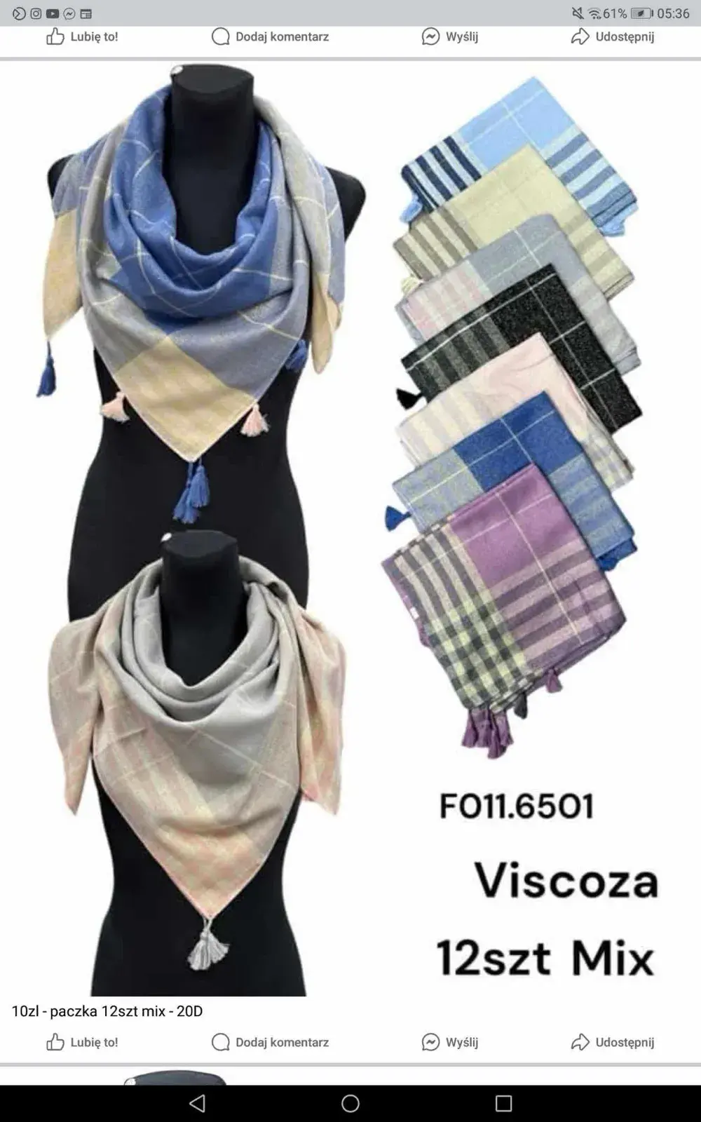 Szale damskie z wiskozy FOI6501, mix kolorów, 12 szt