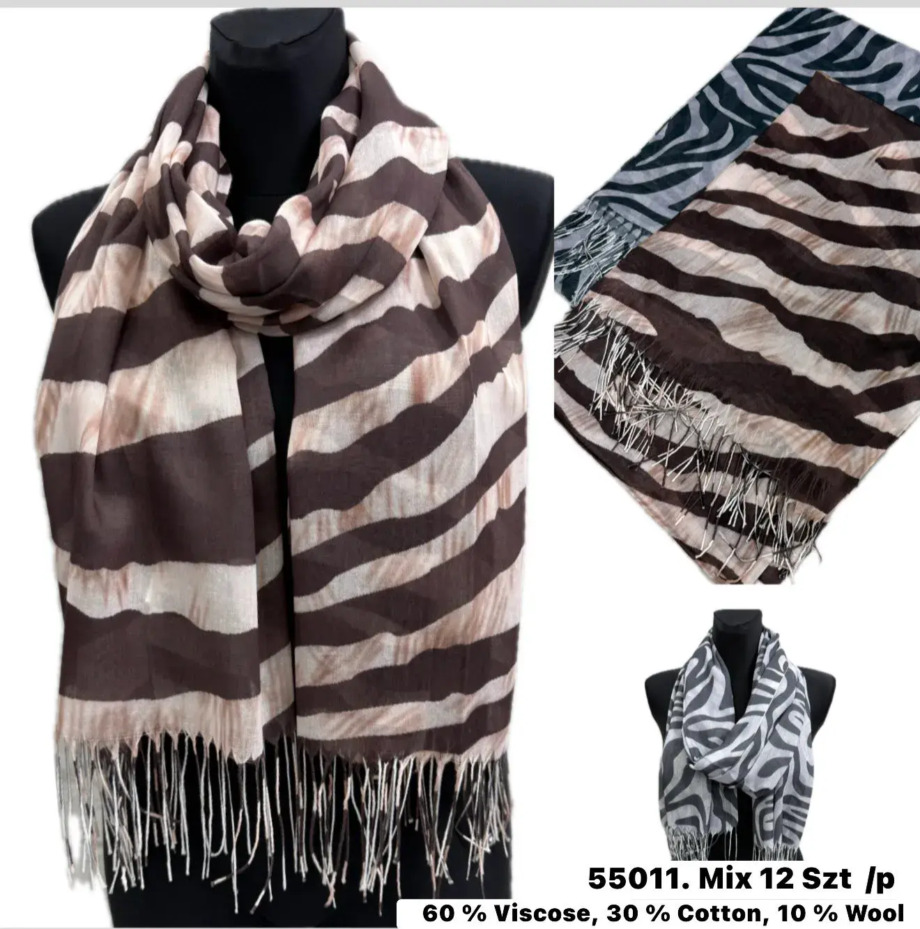 Szaliki damskie T151225-27 60% wiskoza mix 12 szt