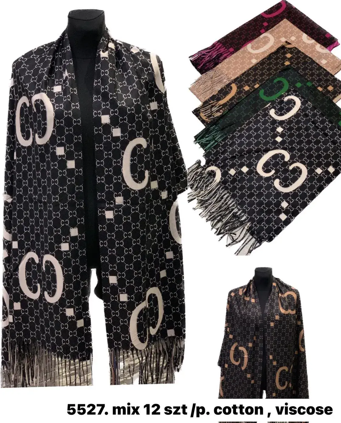 Szaliki damskie z wzorem CC, mix 12 szt, bawełna/viscose