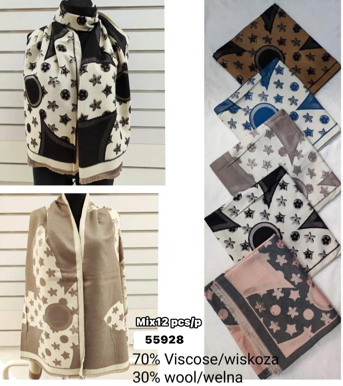 Szaliki damskie Mix 70% wiskoza 30% wełna W10226-114
