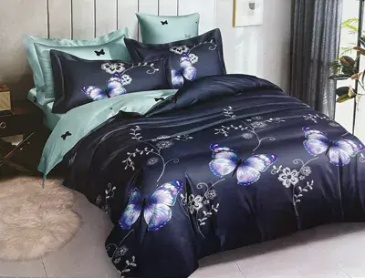 Komplet pościeli MILANO 5D 100% satyna bawełniana 200x220 granatowy z motywem motyli