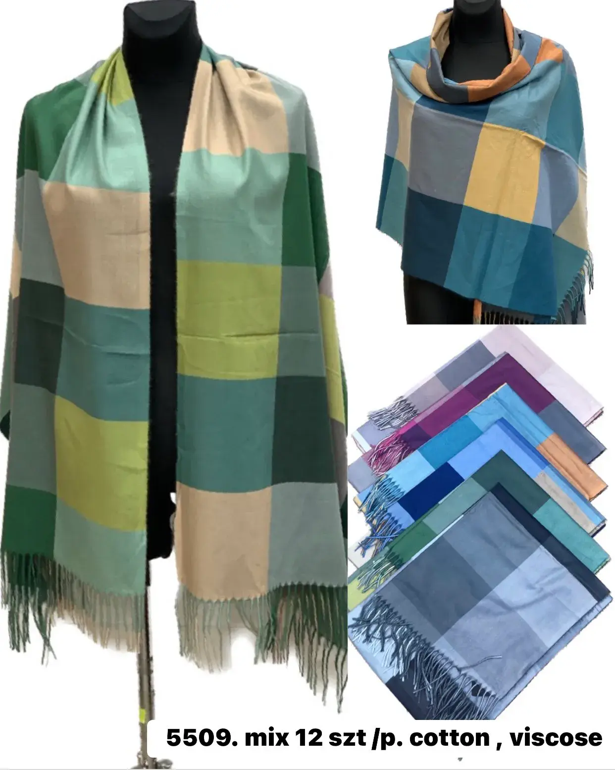 Szaliki damskie w kratę 5509 mix 12 szt/pc cotton viscose