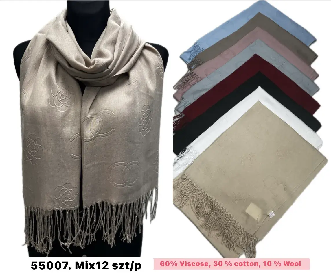 Szaliki damskie 55 007 Mix 12 szt 70% wiskoza