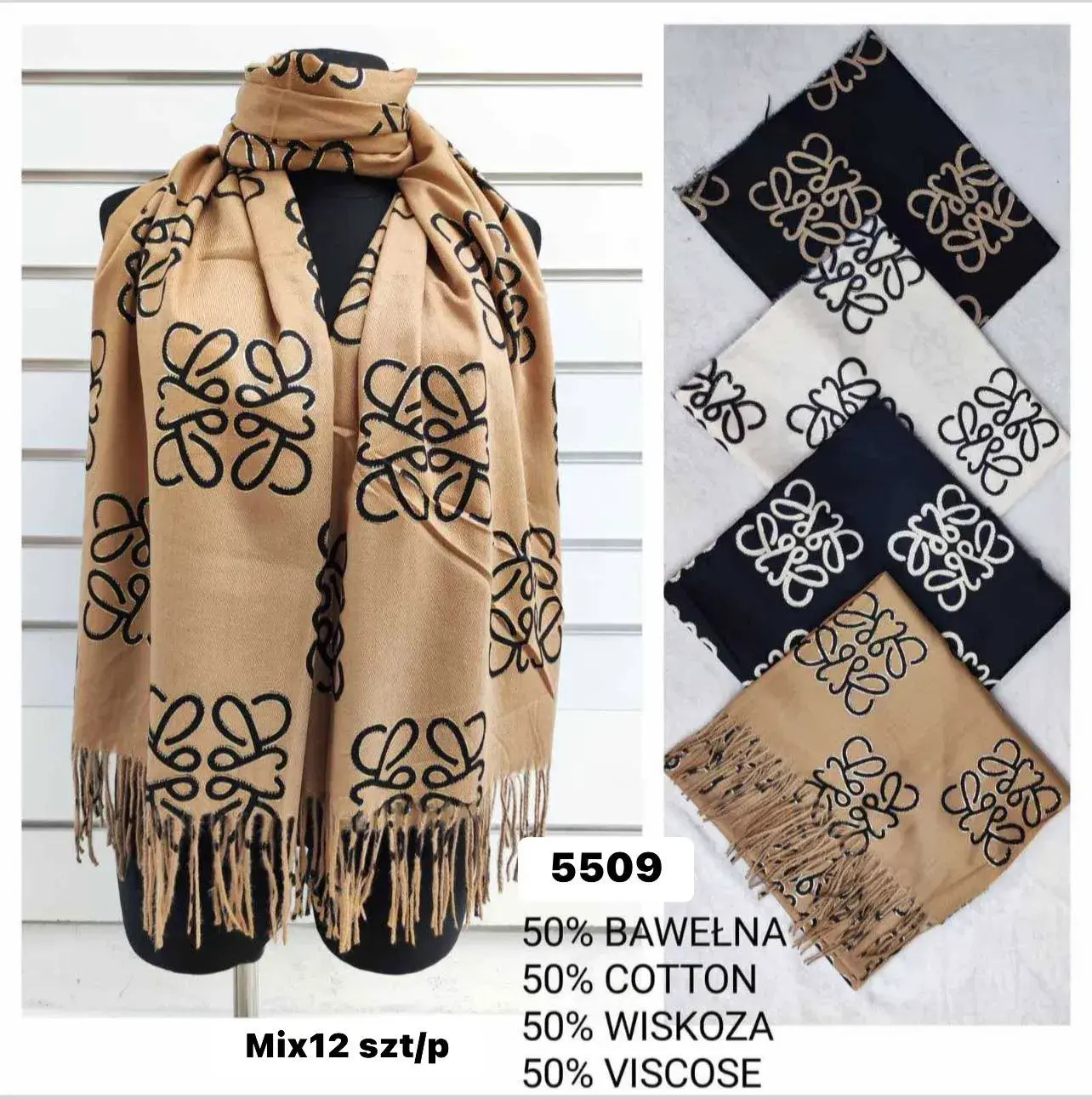 Szaliki damskie wzór kwiatowy beż/czarny 50% bawełna