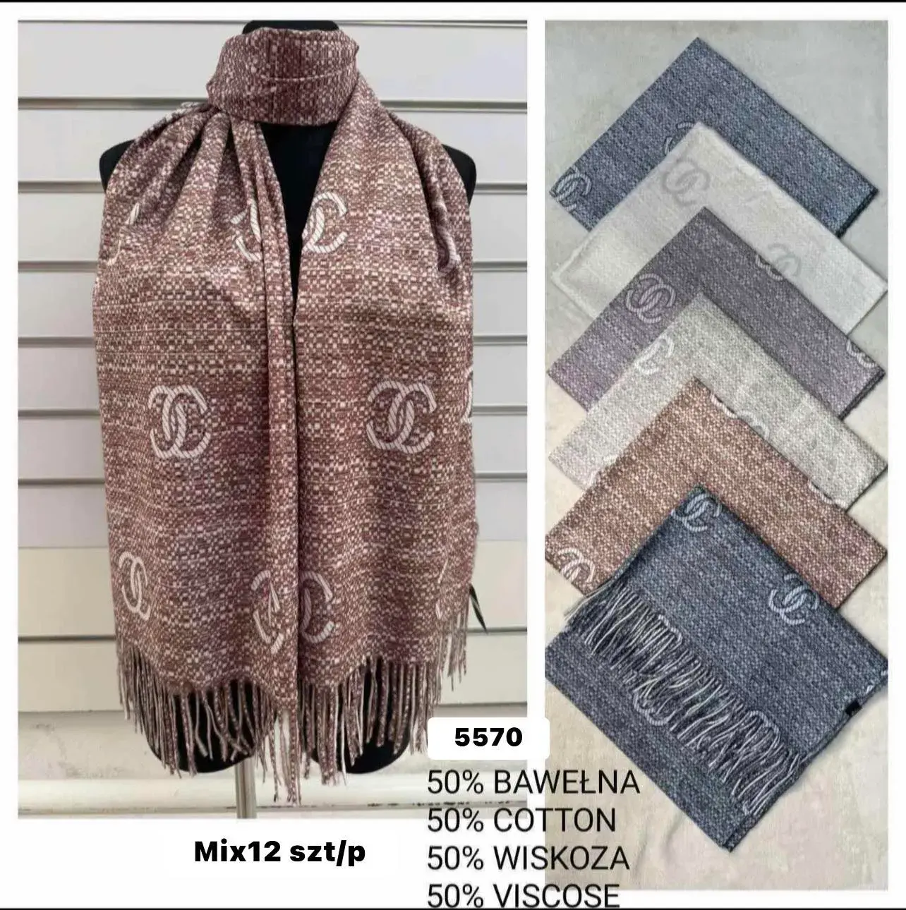 Szaliki damskie z logo 50% bawełna 50% wiskoza Mix 12 szt W10226-160