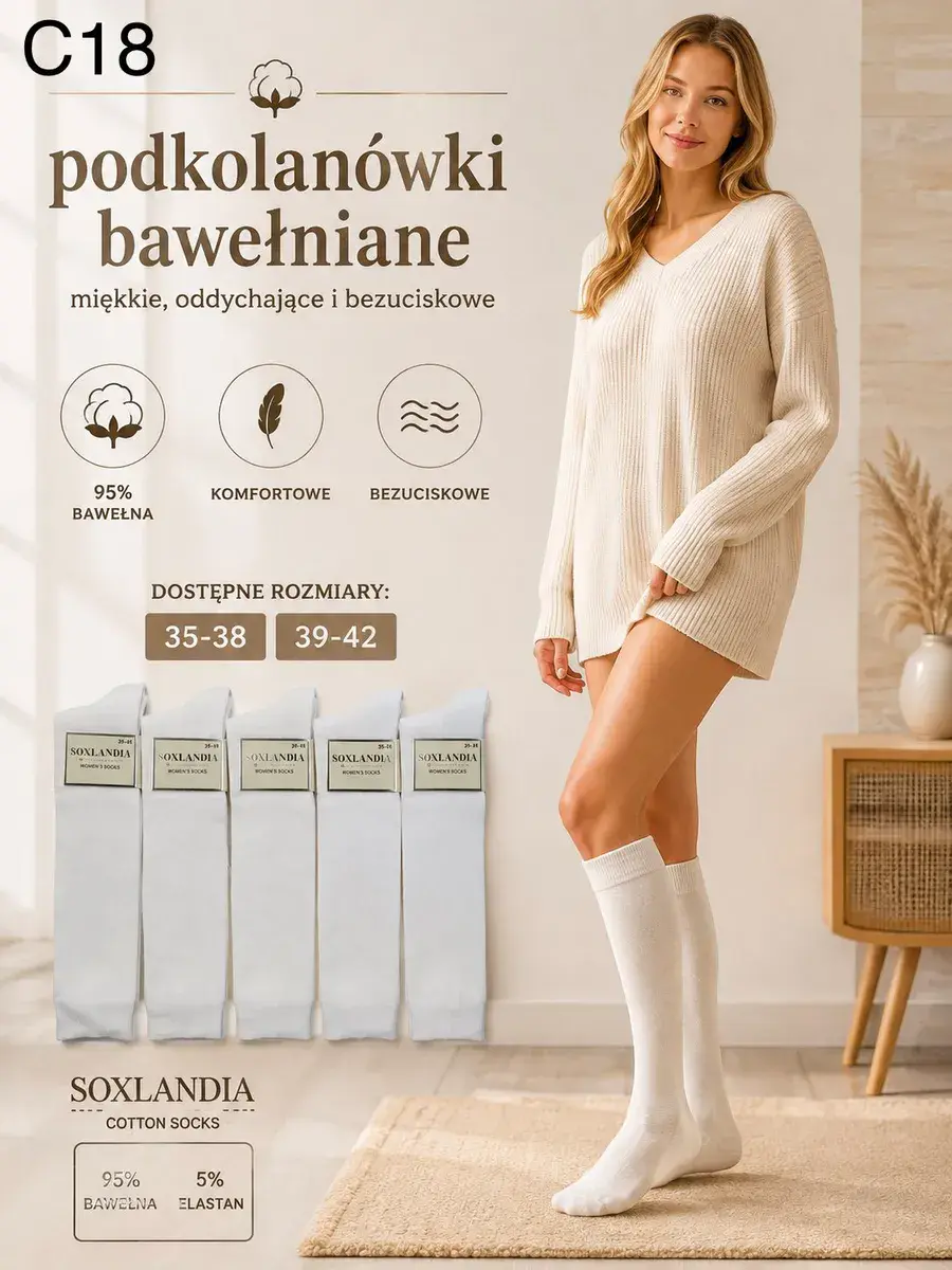 Podkolanówki bawełniane Soxlandia białe komfortowe bezuciskowe