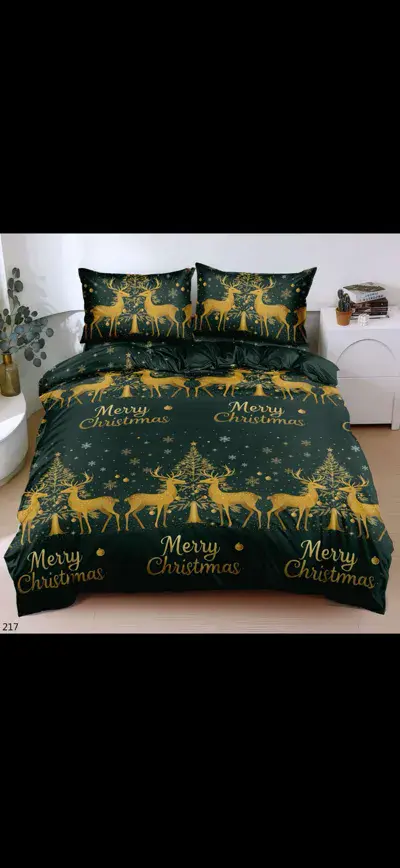 Pościel satyna bawełna 200x220 cm zielona z reniferami 3cz