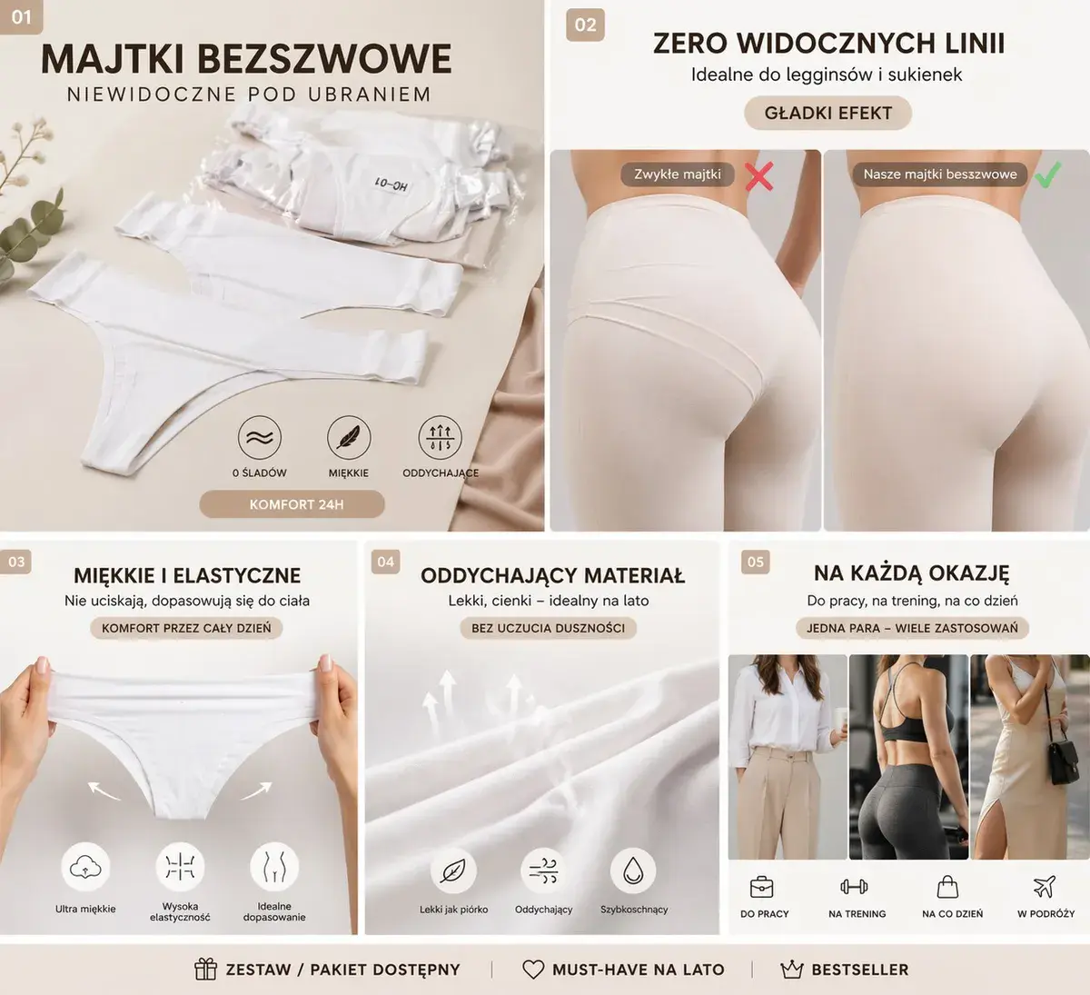 Majtki bezszwowe białe S/M i M/L miękkie i oddychające