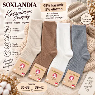 Kaszmiorwe skarpety SOXLANDIA 95% kaszmir 35-42 beż, białe, szare