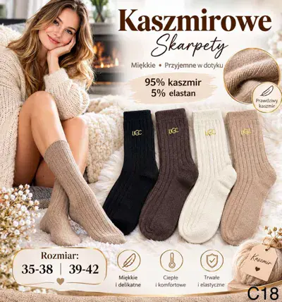 Kaszmirowe skarpety damskie miękkie ciepłe 35-42 beżowe i czarne