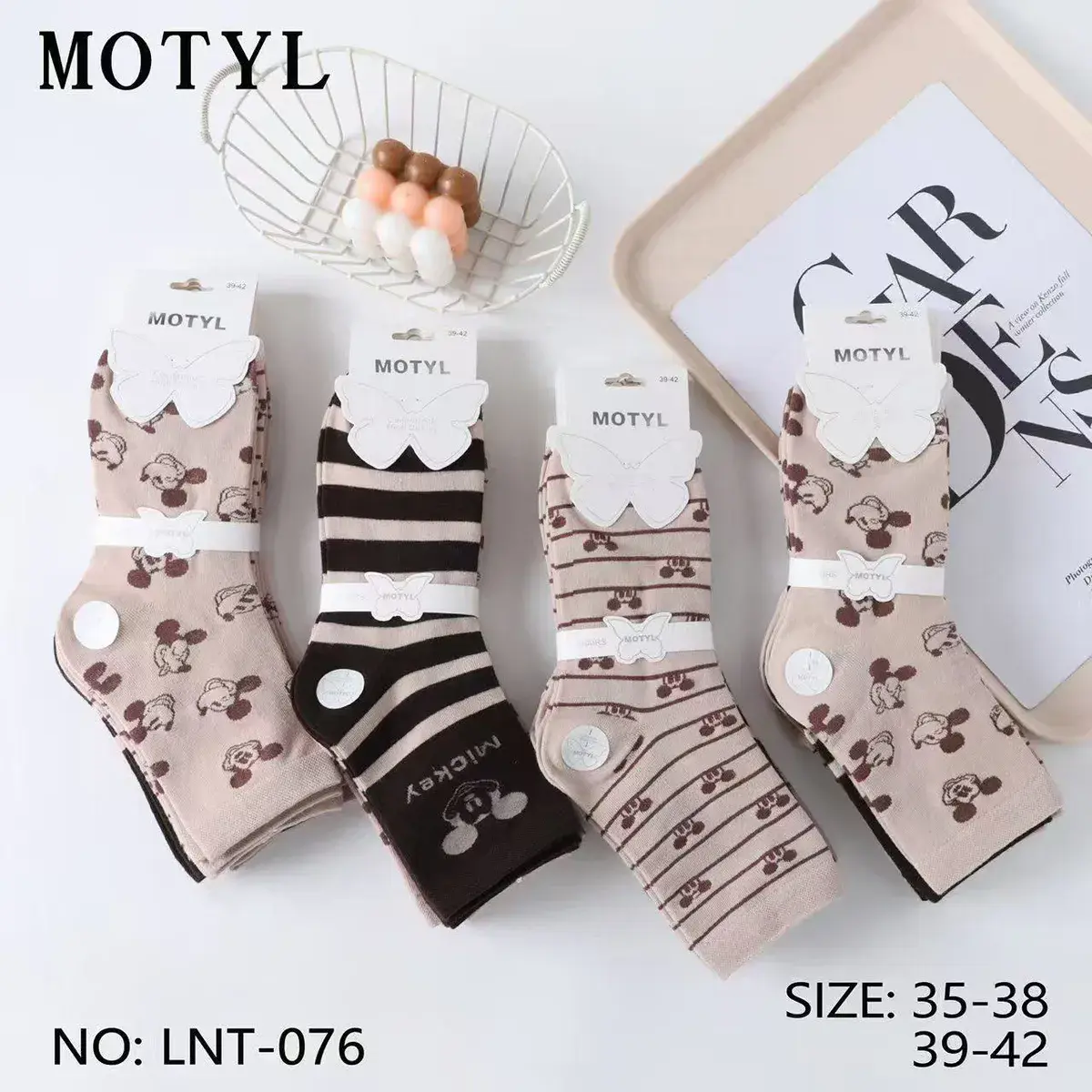 Skarpetki damskie MOTYL z motywem Myszki Miki 35-42 beżowo-brązowe