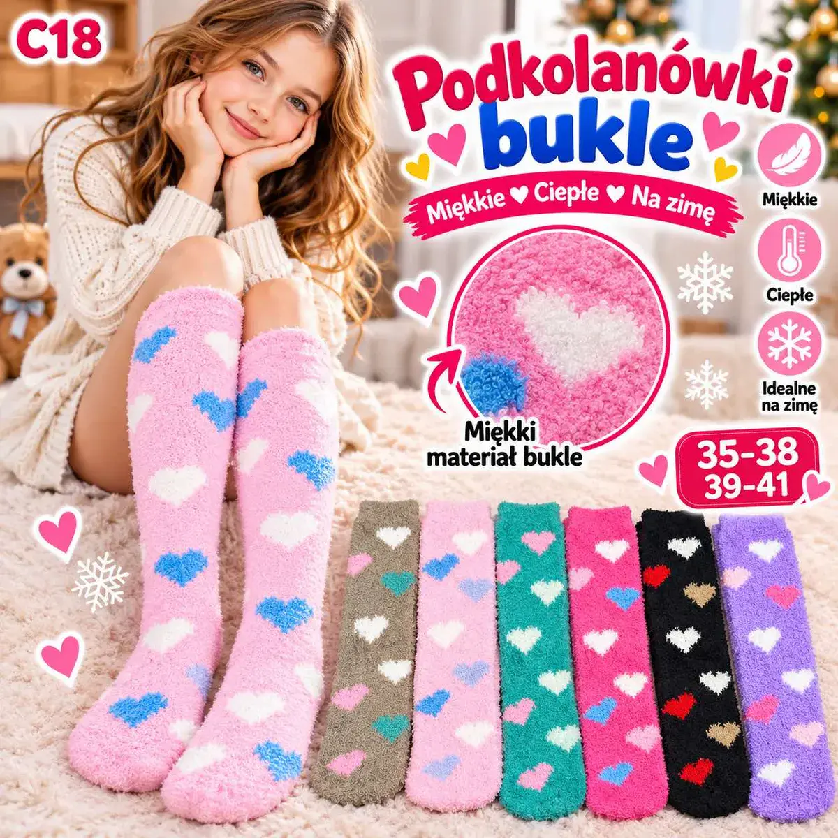 Podkolanówki bukle miękkie ciepłe na zimę z serduszkami