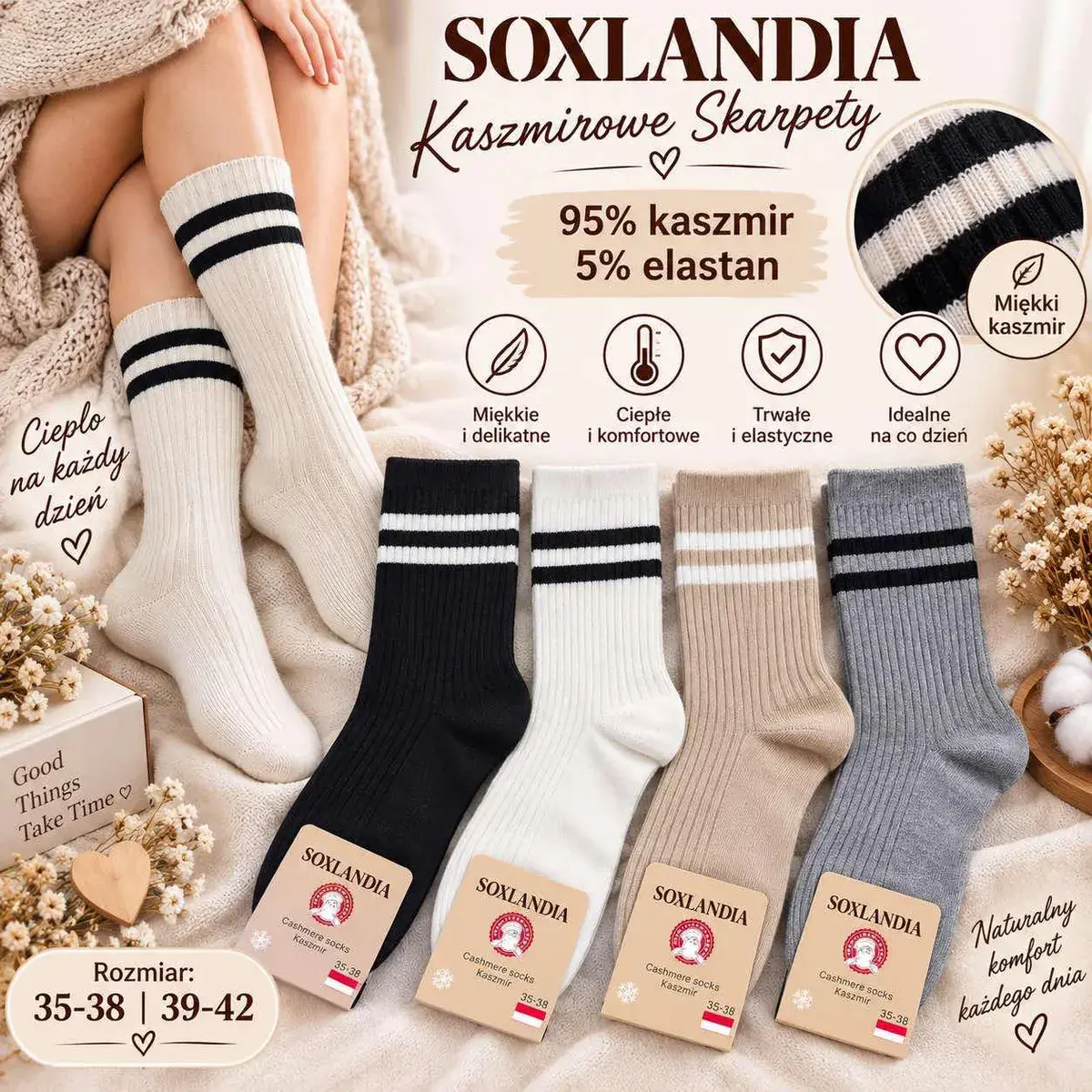 Skarpety Kaszmirowe Soxlandia 95% Kaszmir 35-42 Mix Kolorów