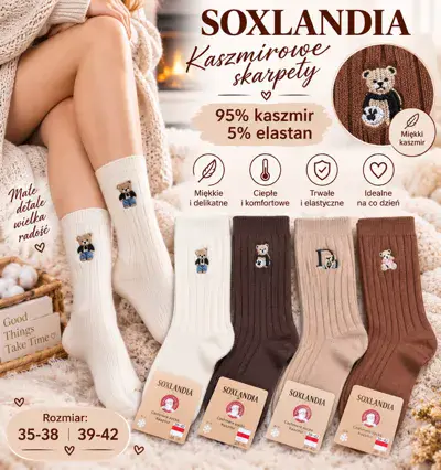 Skarpety Kaszmirowe SOXLANDIA 95% kaszmir 5% elastan z misiem