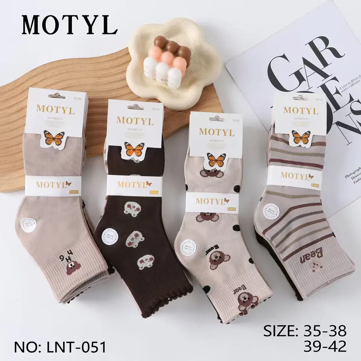 Skarpetki damskie MOTYL wzory misie i paski rozmiar 39-42