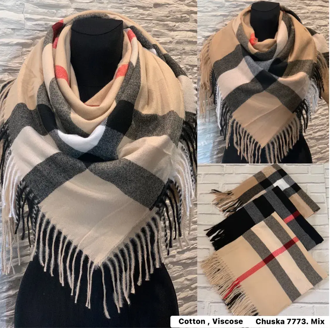 Szaliki damskie w kratę bawełniano-wiskoza mix kolorów W10226-78