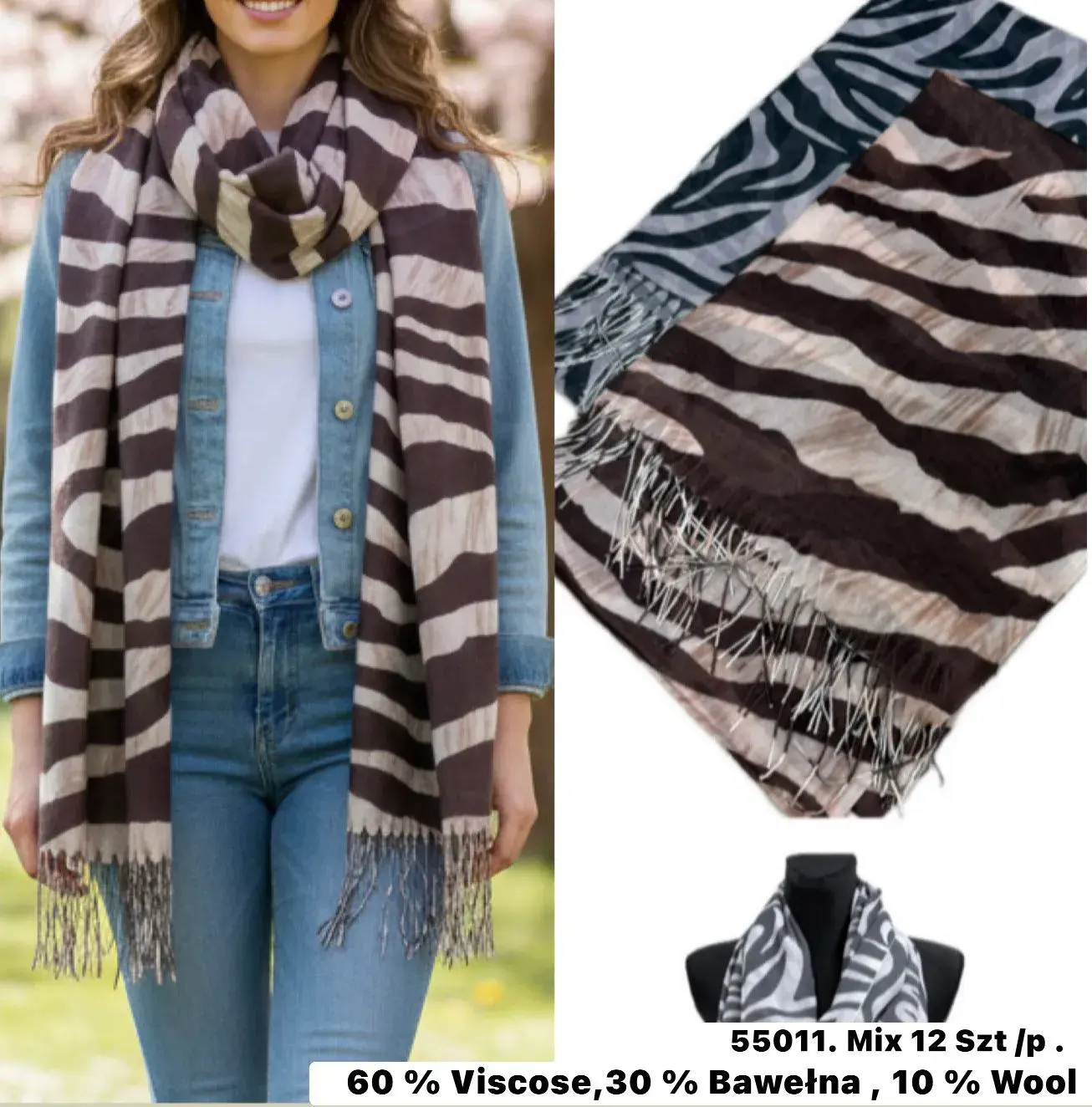 Szaliki damskie W10226-87 zebry 60% wiskoza
