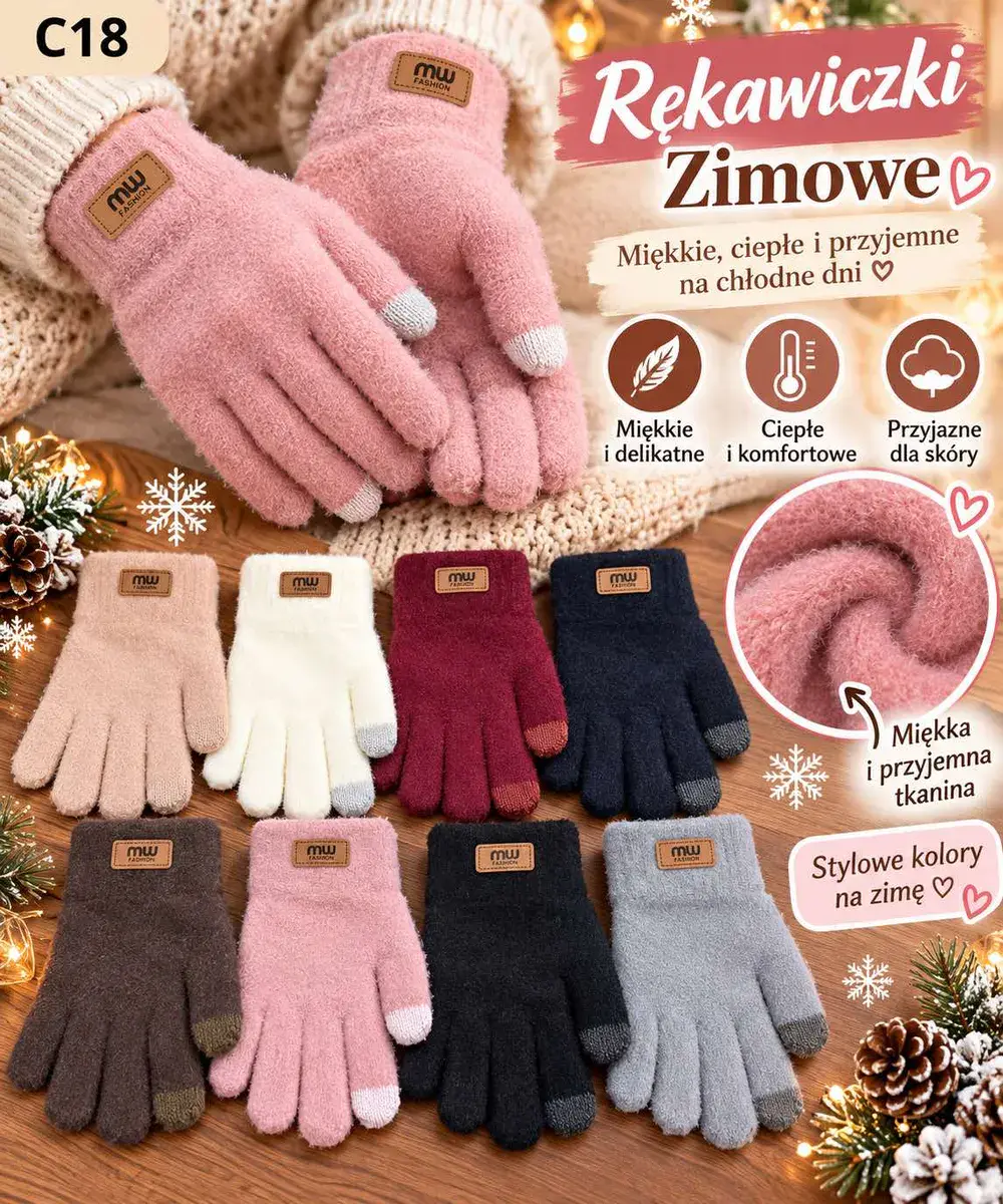 Rękawiczki zimowe miękkie kolorowe z dotykowymi końcówkami palców
